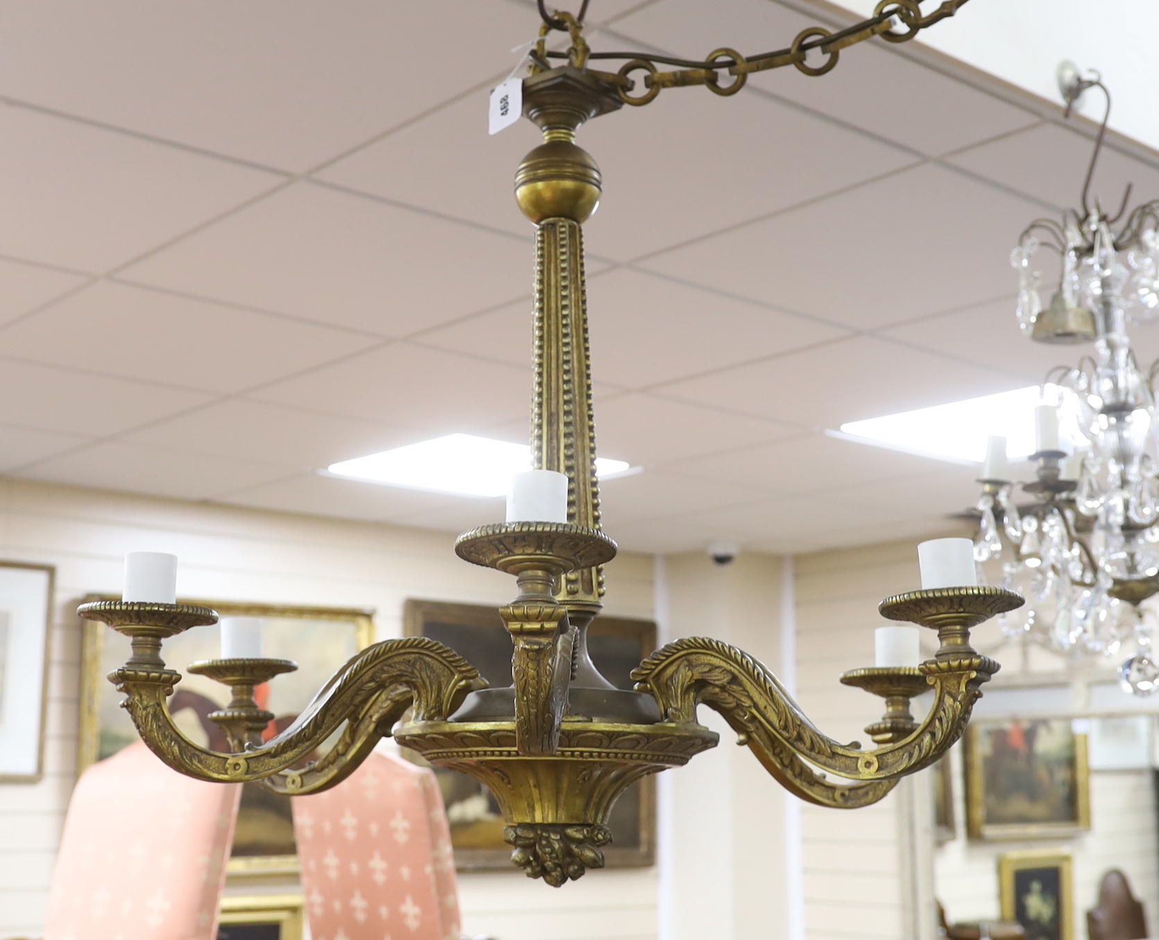 A French ormolu six branch ceiling light, 67cm high